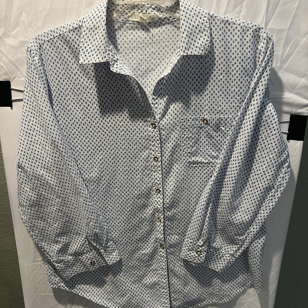 Hester & Orchard Shirt Womens L White Blue Abstract Button Up Classic Preppy